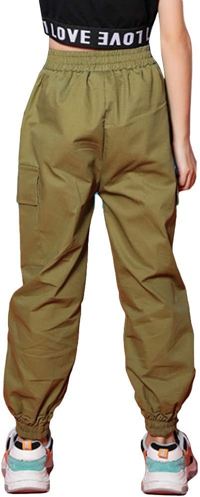 Kinder Cargo Hose Elastische Taille Jogger Hose für Jungen Mädchen Street Hip Hop Armee-grün 122-128