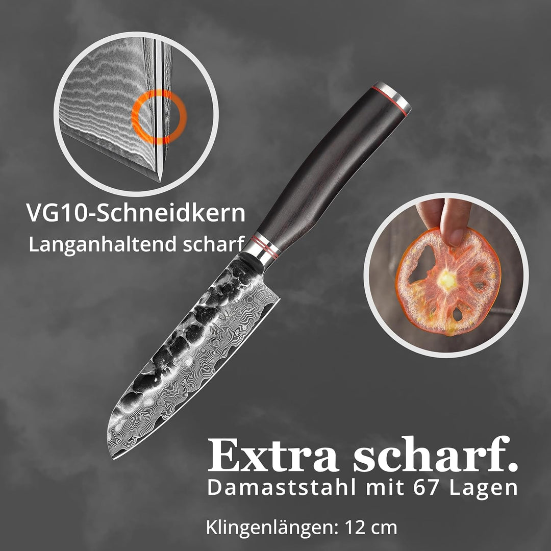 Wakoli Ebo Damastmesser kleines Santoku Messer extrem scharfe 12 cm Klinge aus 67 Lagen I Damast Küc