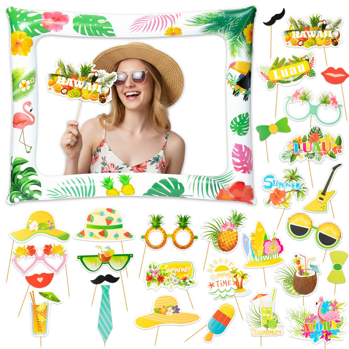 30 Stück Hawaii Fotobox Accessoires Set mit Aufblasbarem Fotorahmen, Foto Requisiten &amp; Party Deko fü