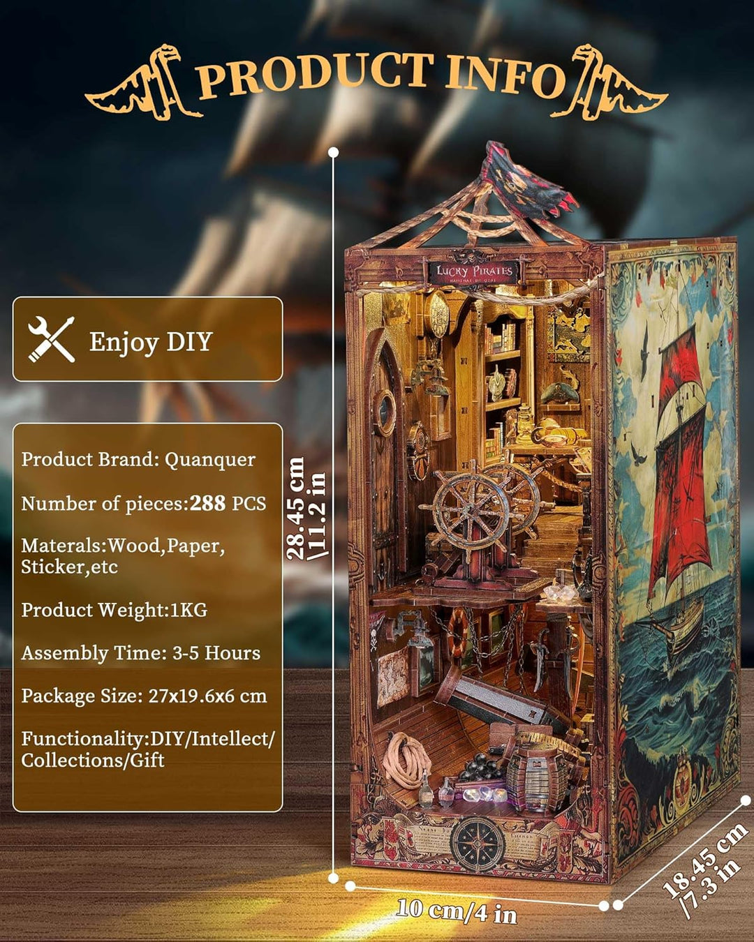 Quanquer DIY Book Nook Kit für Erwachsene_mit Staubschutz und LED-Licht 3D hölzerne Miniatur Puppenh