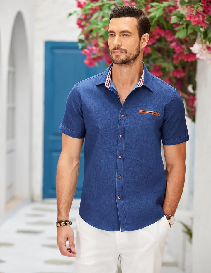 COOFANDY Herren Hemd Kurzarm Jeanshemd Slim Fit Baumwolle Vintage Freizeithemd Sommer Hemden Für Her