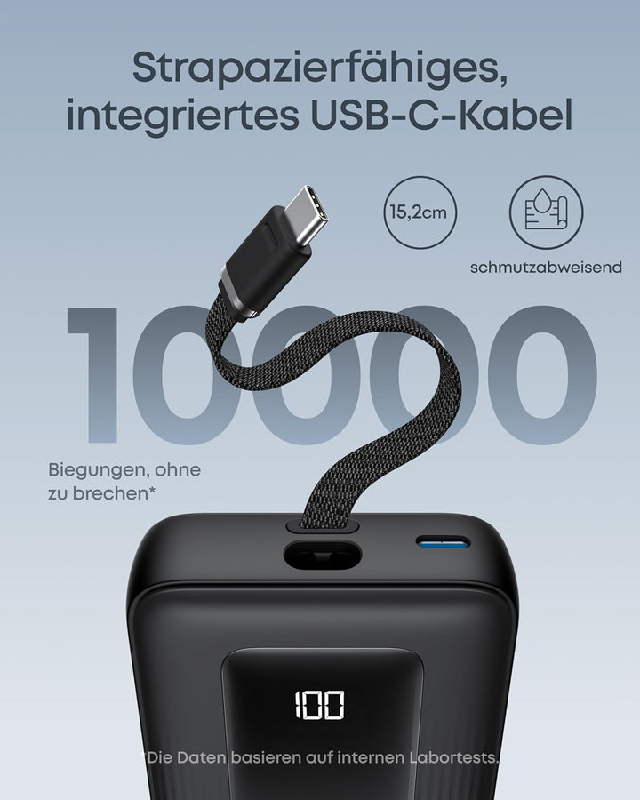 Anker Zolo Powerbank, 10.000mAh 30W High-Speed portables Ladegerät mit integriertem USB-C Kabel, Sch