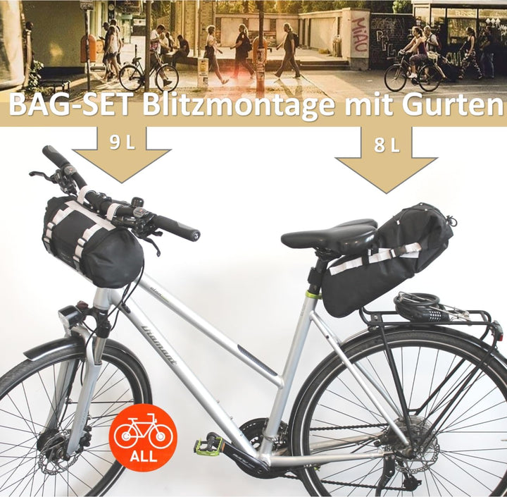 Fahrrad Taschen Set universal für Lenker und Sattel, Lenkertasche vorne, Satteltasche hinten ohne Ge