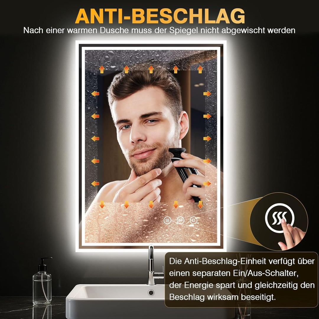 Badspiegel mit Beleuchtung 50x70cm, Spiegel Bad mit Beleuchtung 3 Lichtfarben, Dimmbar, Anti-Beschla