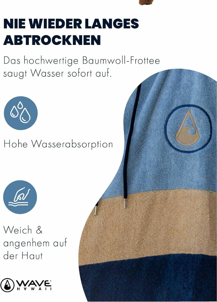 WAVE HAWAII Barravento Surfponcho für Körpergrössen 160-190 cm Poncho 100% ÖKO Baumwolle Velours Umk