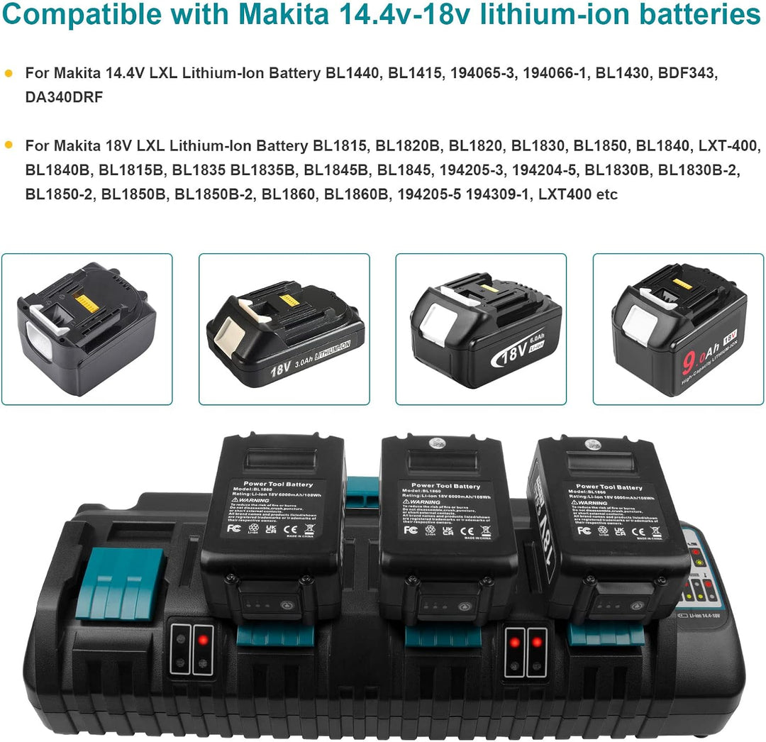DC18SF 14,4V-18V Ladegerät für Makita Akku ASUNCELL 3A 4 Port Ersatz Ladegerät für Makita LXT DC18RD