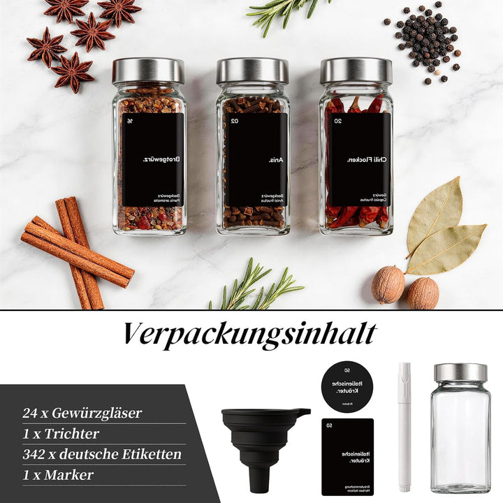 MHDCLY 24er Set Gewürzgläser Eckig mit Edelstahl Deckel (Silber) - 120ml Spice Jars &amp; Gewürzstreuer