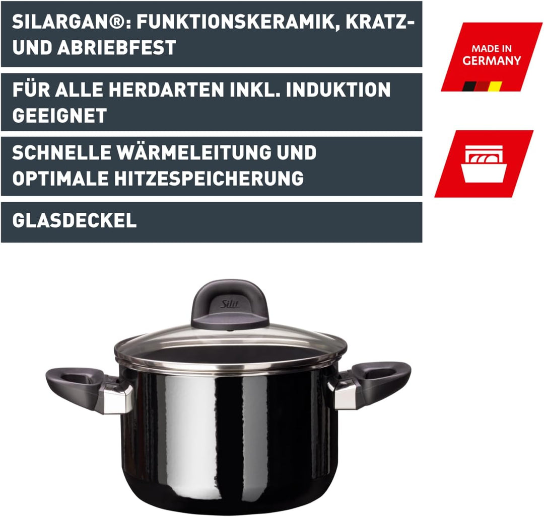 Silit Modesto Line Kochtopf gross 20cm, Nudeltopf mit Glasdeckel, Fleischtopf Induktion 3,7l, Silarg