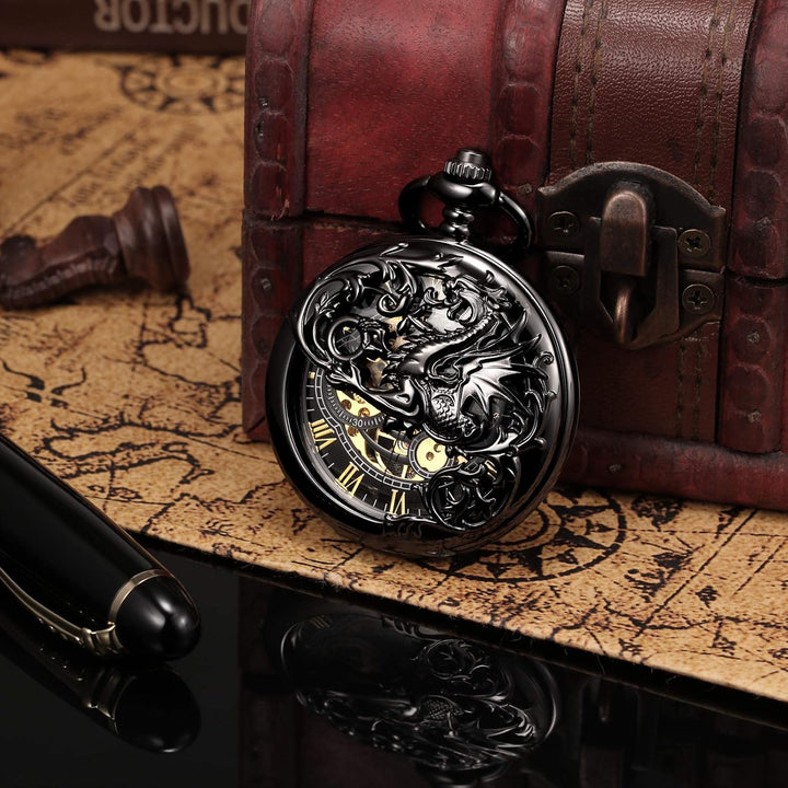 TREEWETO Unisex Taschenuhr mit Kette Analog Handaufzug Doppelscharnier Antik Drache Skelett Bronze 4