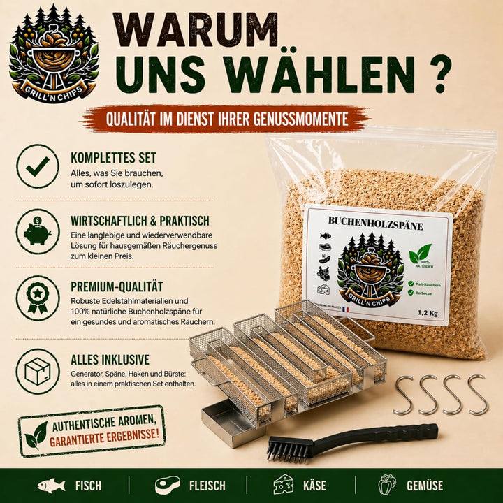 Kaltrauchgenerator/Räucherschnecke für Räucherofen + 1,2 kg Räuchermehl Buche + 4 Haken & Bürste – E