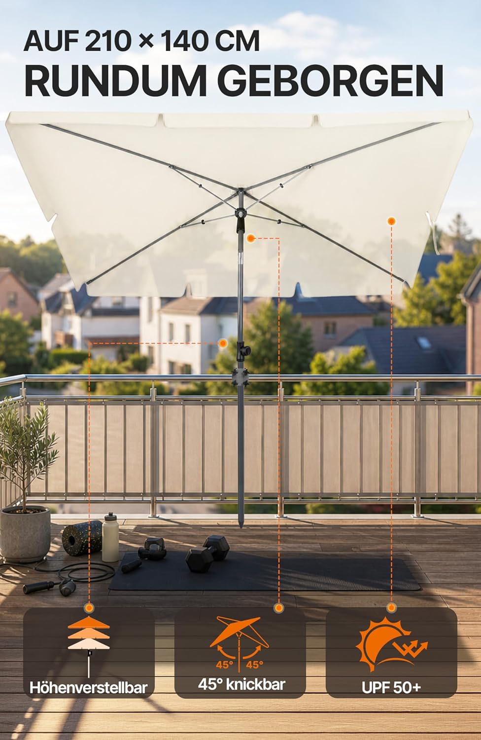 4smile SunnyShade Balkonschirm Rechteckig 210x140 cm, Sonnenschirm Balkon mit UV 50+, Sonnenschutz B