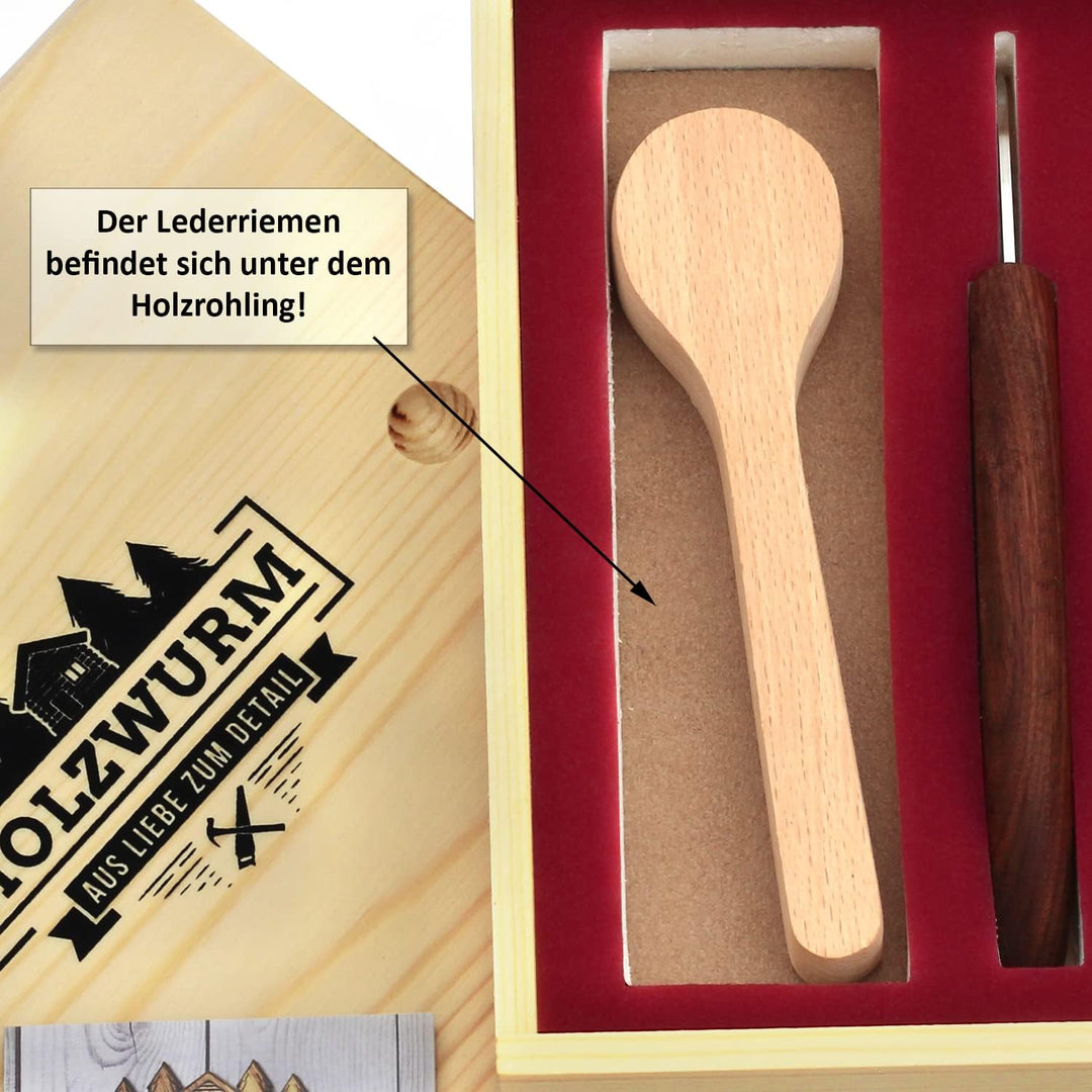 HOLZWURM Schnitzmesser Set in Holzbox inkl Holzrohling, Anleitung & Schnittschutzhandschuhe - umfang