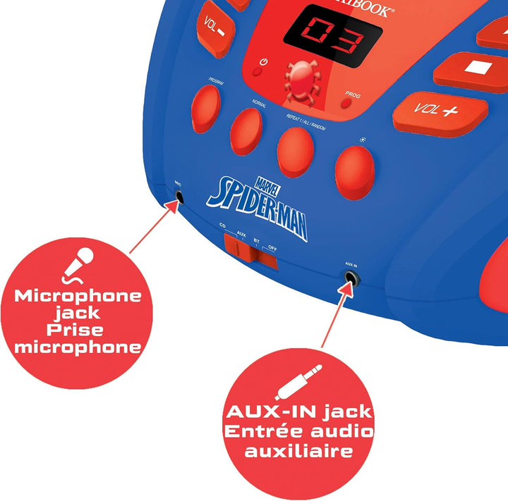 Lexibook - Marvel Spider-Man - Bluetooth-CD-Player für Kinder - Tragbar, Lichteffekte, Mikrofonbuchs