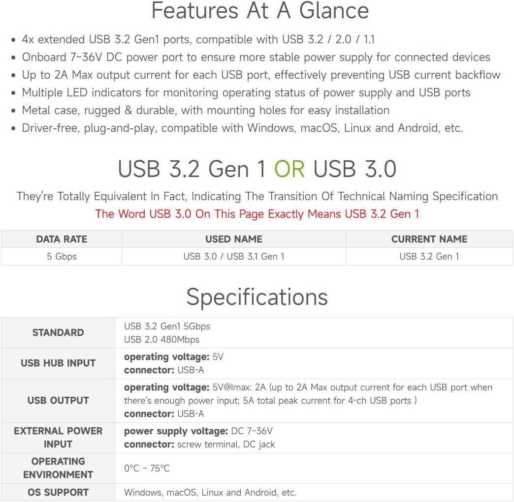 Waveshare 4-Ch USB 3.2 Gen1 HUB, Metal Case with Wall-Mount Support, Driver-Free, Plug-and-Play, Com