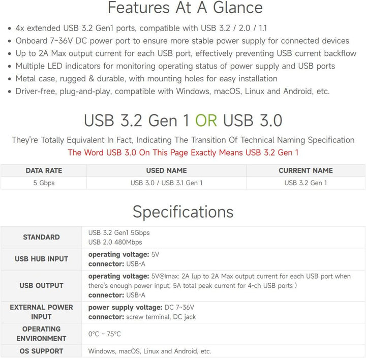 Waveshare 4-Ch USB 3.2 Gen1 HUB, Metal Case with Wall-Mount Support, Driver-Free, Plug-and-Play, Com