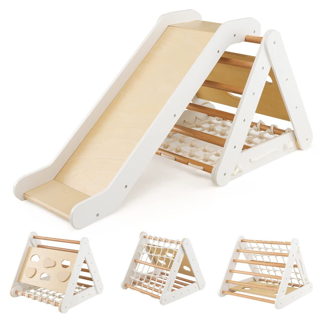 DREAMADE 4 IN 1 Kletterdreieck mit Rutsche und Kletternetz, Holzdreieck Kletterspielzeug aus Holz, I
