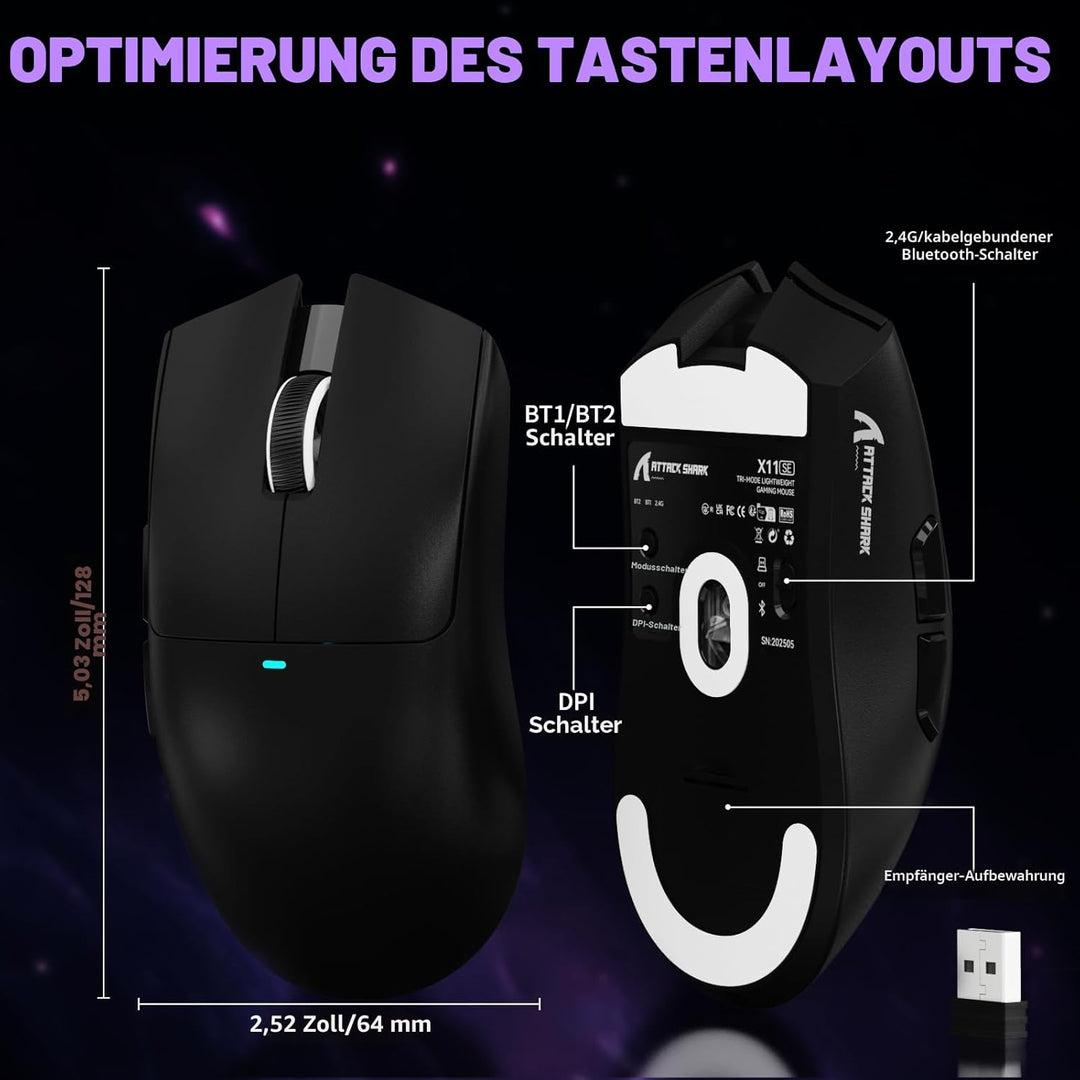 ATTACK SHARK X11SE Kabellose Gaming-Maus, 63g Superleicht, mit PixArt PAW3311-Sensor, 22000 DPI, Tri