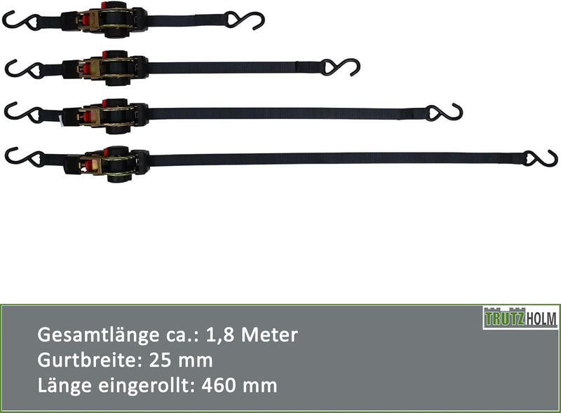 Set Automatik Spanngurt Zurrgurt Gurte 25mm 320/640 daN selbstaufrollend mit S-Haken (1,8 Meter) 1,8