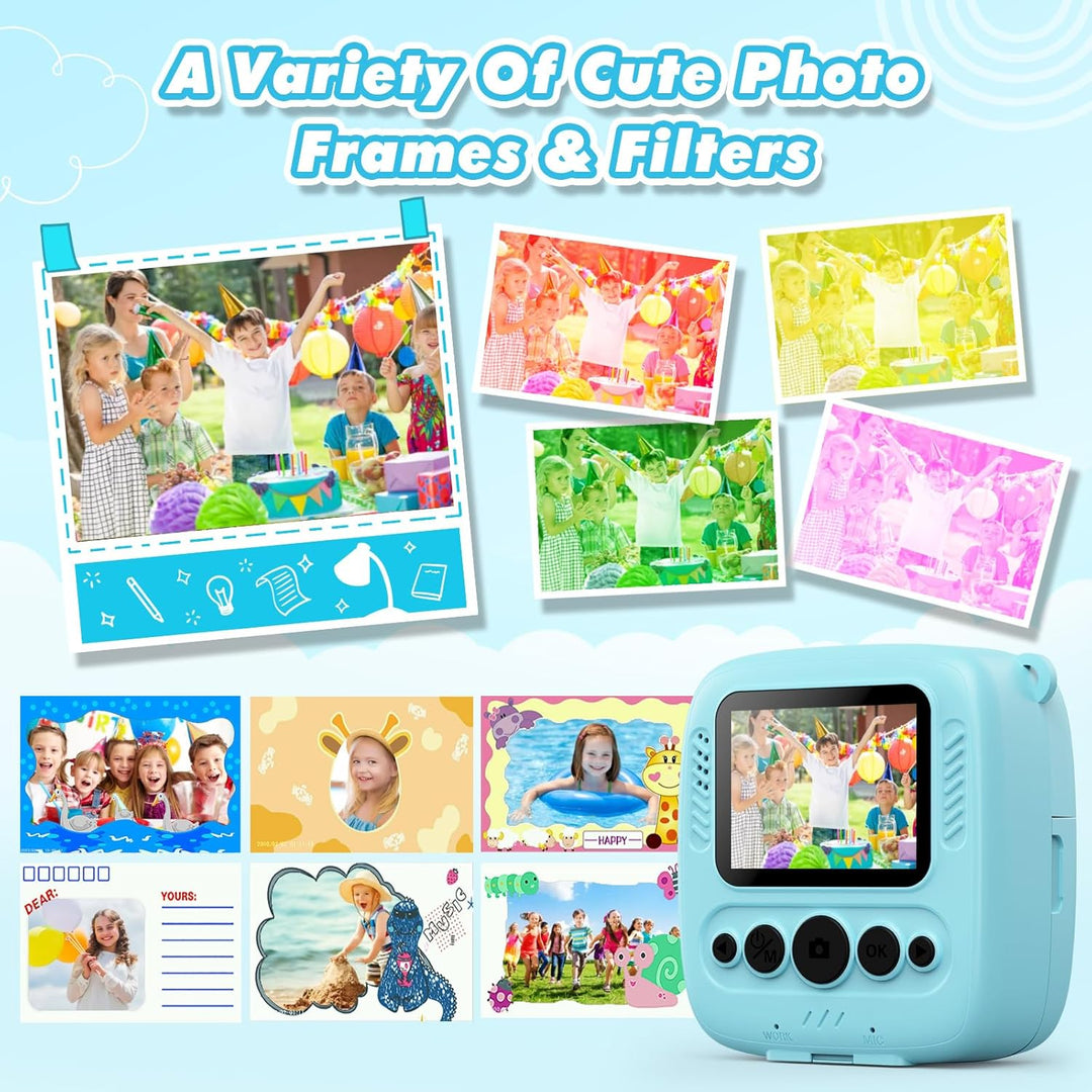 CalineGam Kinderkamera Sofortbildkamera, 48MP Sofortbildkamera Kinder mit 32GB Karte & Druckpapier,