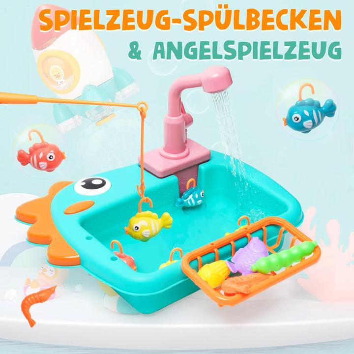 Küchenspüle Spielzeug Set mit Angelspiel Warmwasserhahn Farbwechsel Geschirr| Play Kochherd, Kochges