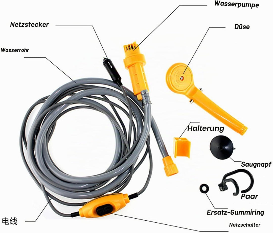 PORFOYO Campingdusche Camping Dusche, 12V Tragbare Campingdusche mit Handbrause und Schlauch, Campin