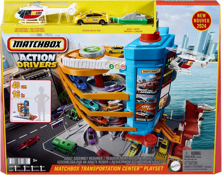 Matchbox Spielzeugautos und Spielset, Transport-Center mit 5 Etagen, von Kindern und Autos aktivierb