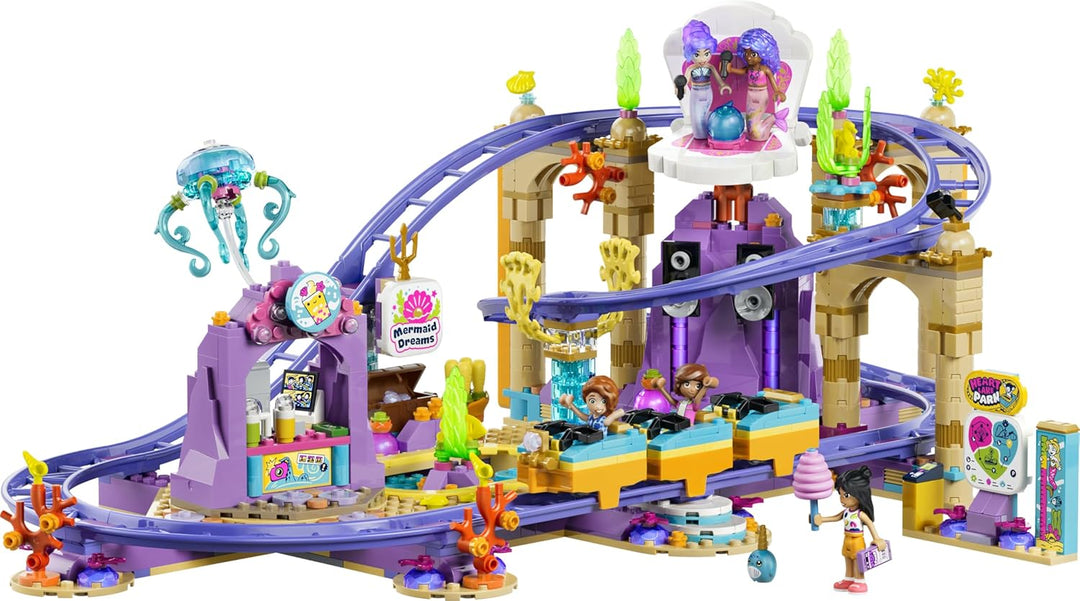 LEGO Friends Meerjungfrauen-Achterbahn - Interaktives Spielzeug mit 3 Wagen, Shop, 5 Minifiguren und