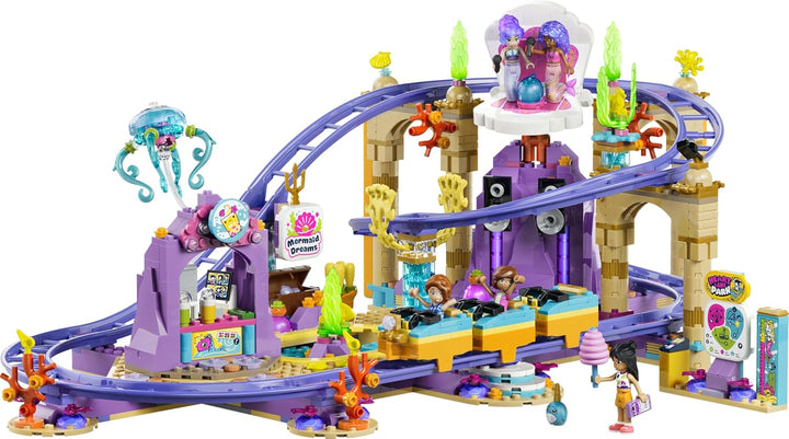 LEGO Friends Meerjungfrauen-Achterbahn - Interaktives Spielzeug mit 3 Wagen, Shop, 5 Minifiguren und