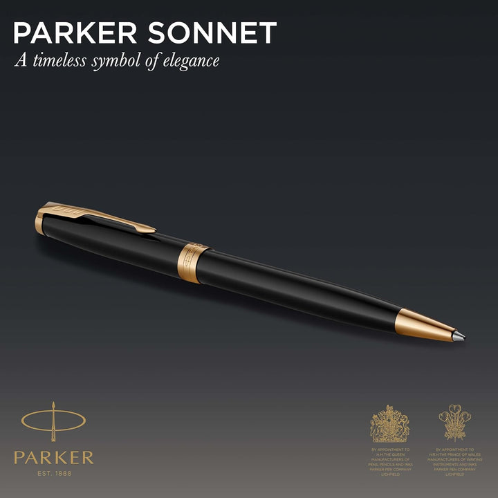 Parker Sonnet Kugelschreiber | Schwarze Lackierung mit Goldzierteilen | Mittlere Spitze | schwarze T