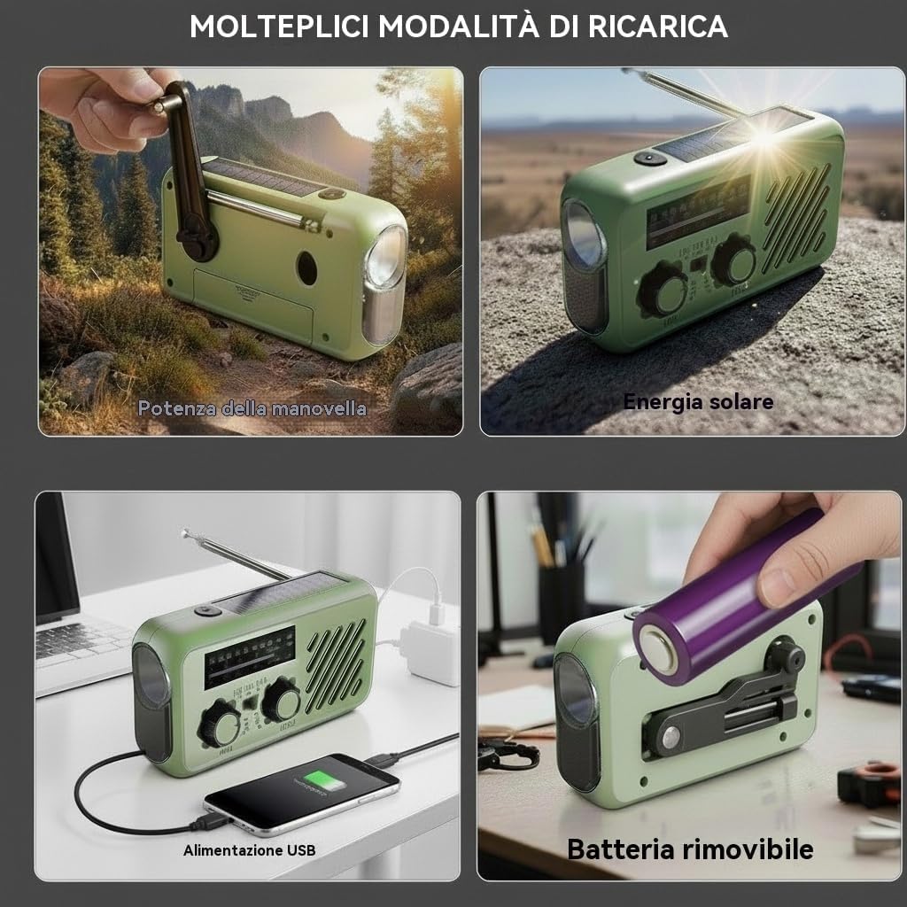 Notfall Radio, 3-Wege-Ladung (Solar, Kurbel, USB-C) Powerbank, 2000mAh Akku, AM/FM Radio, SOS, LED-T