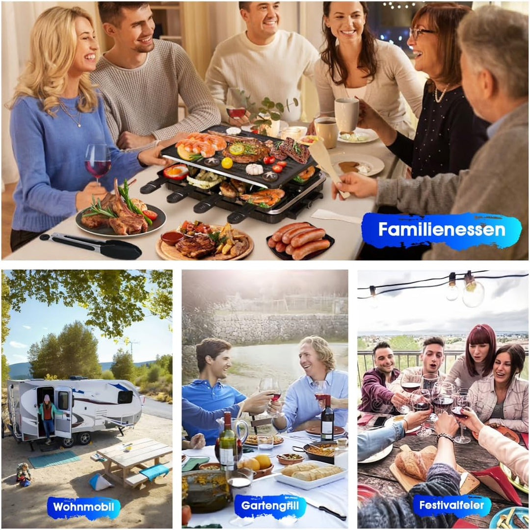 2-in-1 Raclette Grill, Raclette 8 Personen, 1300W Elektrogrill mit 1 Umkehrbarer Antihaft Grillplatt