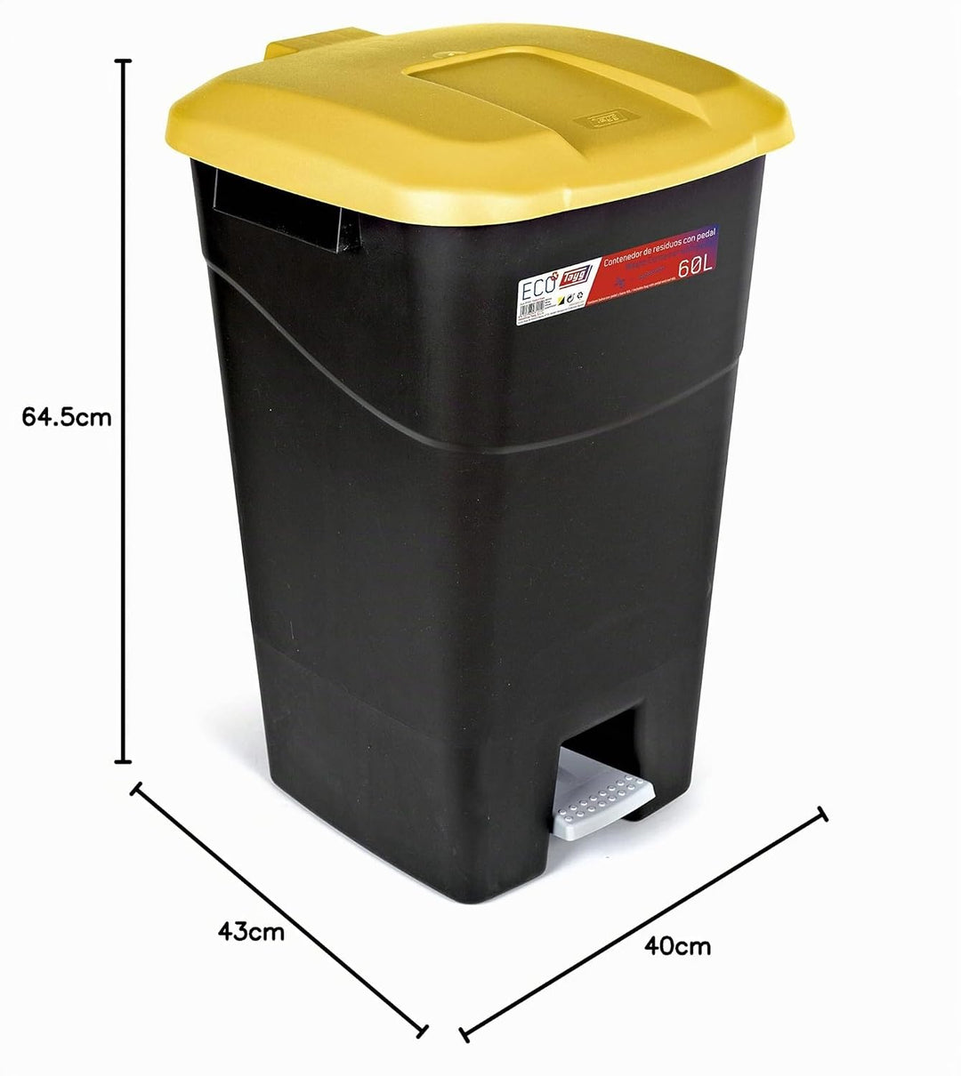 Tayg - Abfallbehälter 60 Liter mit Pedal, schwarzem Boden und gelbem Deckel, Kunststoff