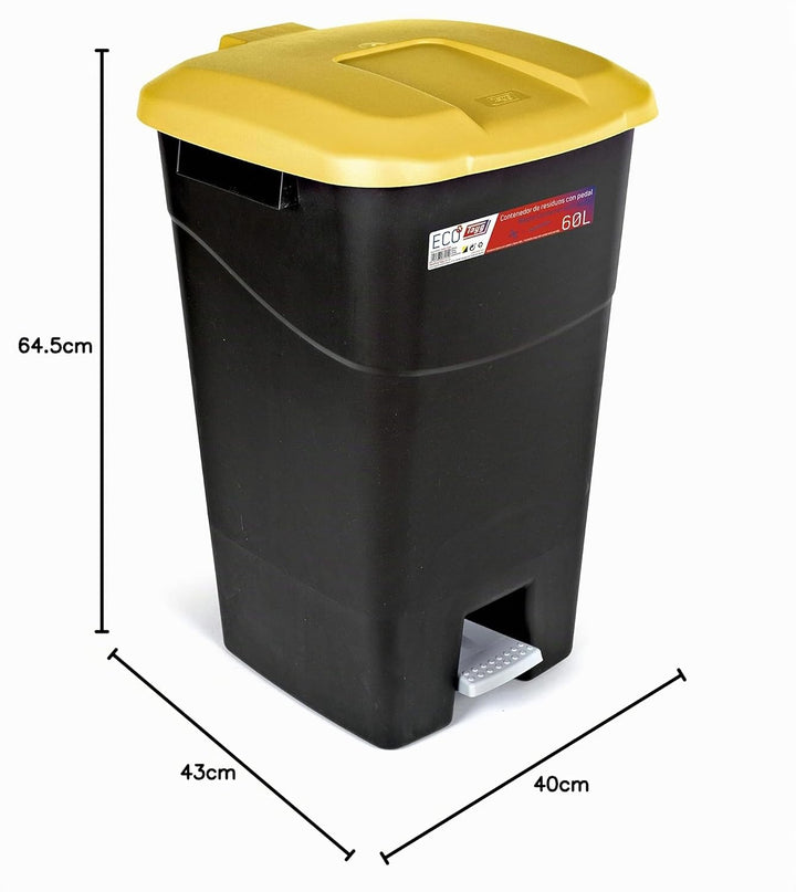 Tayg - Abfallbehälter 60 Liter mit Pedal, schwarzem Boden und gelbem Deckel, Kunststoff