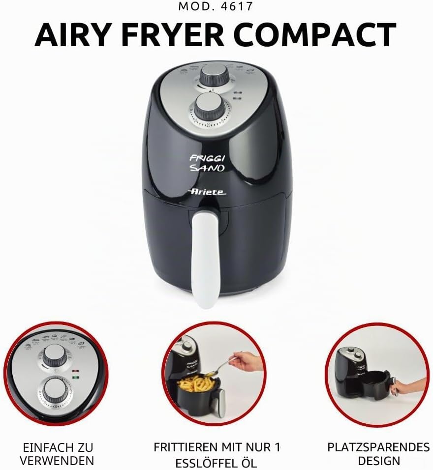 Ariete 4617, Airy Fryer Compact, Luftfritteuse, Fassungsvermögen 2 l, 1000 W, Temperatur max. 200 °C