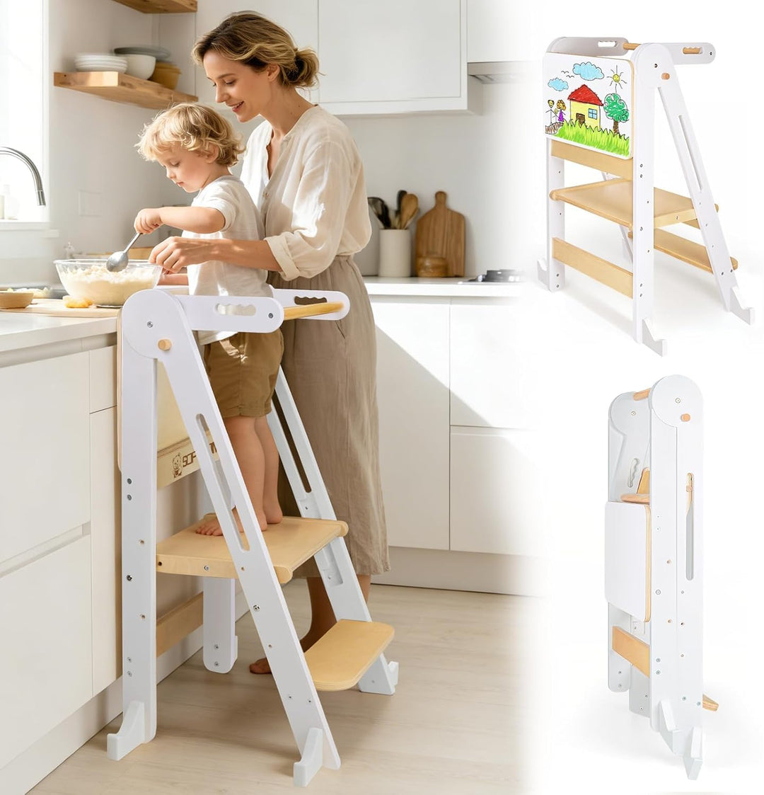 Montessori Lernturm Klappbar, Lernturm ab 1 Jahr mit Reissbrett/Sicherheitshandlauf, Learning Tower