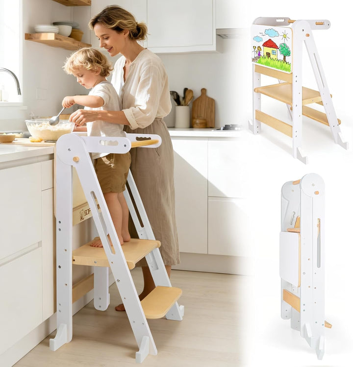 Montessori Lernturm Klappbar, Lernturm ab 1 Jahr mit Reissbrett/Sicherheitshandlauf, Learning Tower