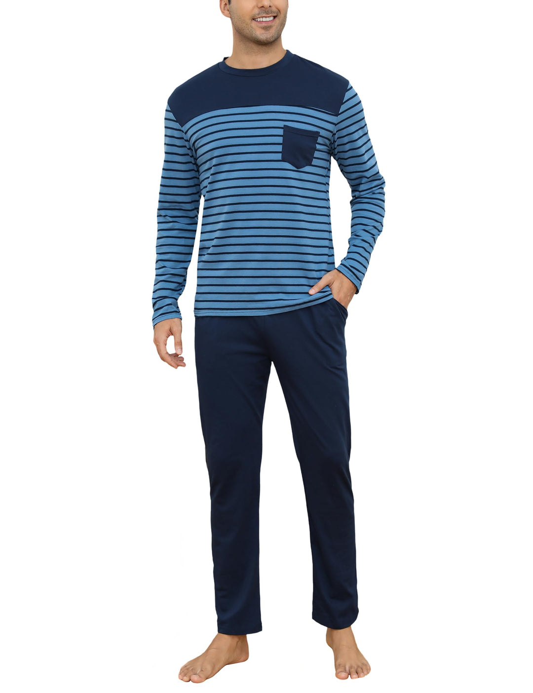 Irdcomps Schlafanzug Herren Pyjama Lang Winter Baumwolle Nachtwäsche Männer Set Langarm Gestreift M