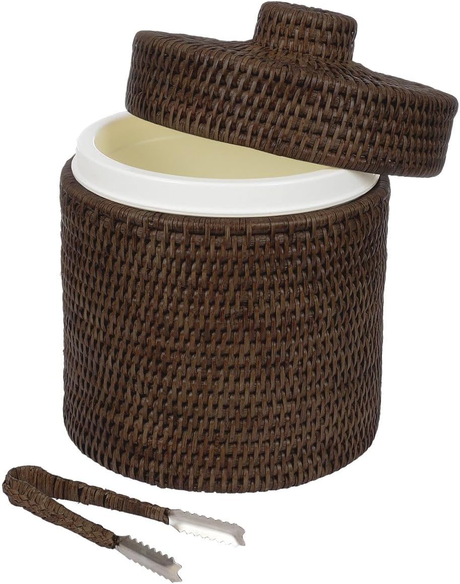 Eiskübel/Eiseimer mit Deckel und Zange, aus Kunststoff &amp; geflochtenem Rattan, Ø 20 x H 25 cm / 2,5 L
