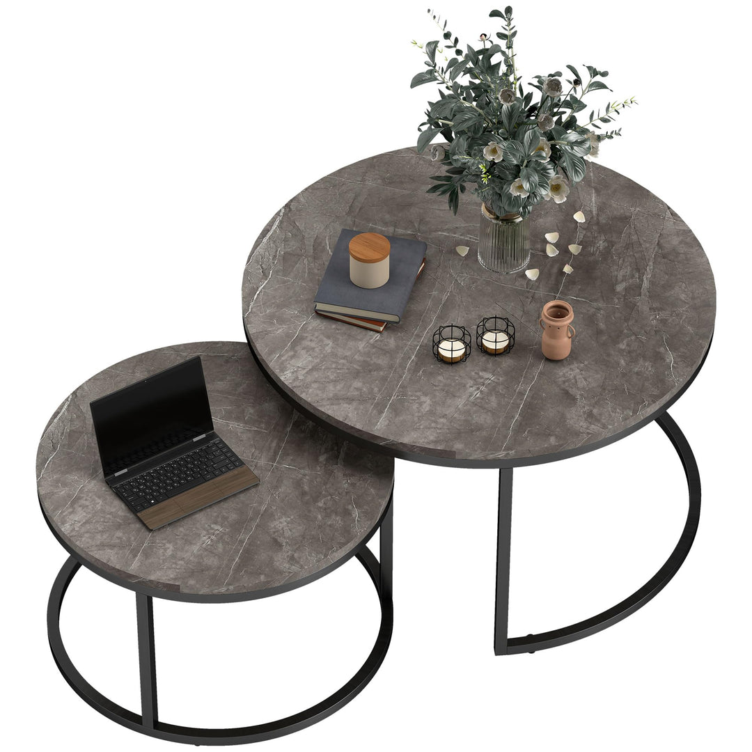 HOMCOM Couchtisch rund 2er Set Wohnzimmertisch Beistelltisch mit Metallrahmen, Satztisch mit Marmoro