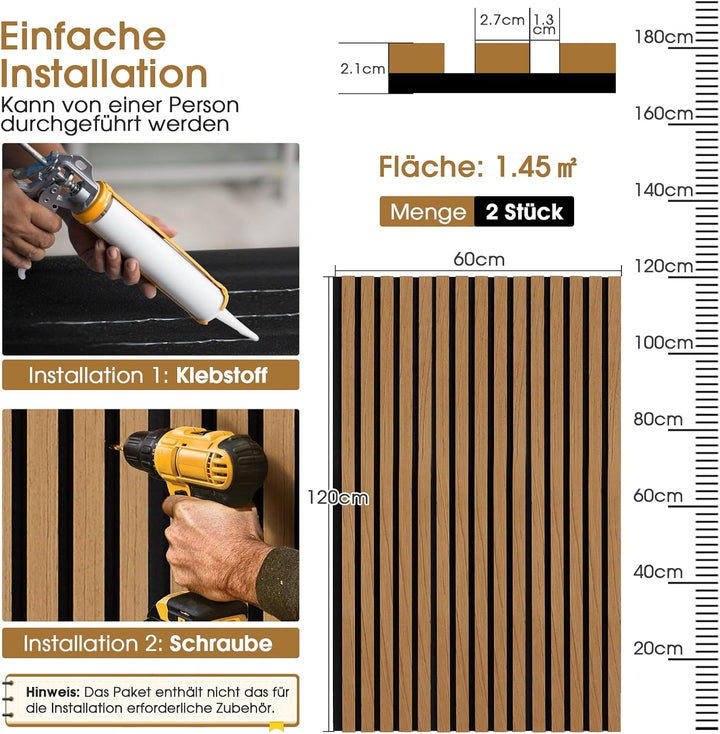 Akustikpaneele Holz 120×60 cm – 2 Stück Holzwandpaneele, Wandpaneele Holzoptik für Wand & Deckenverk
