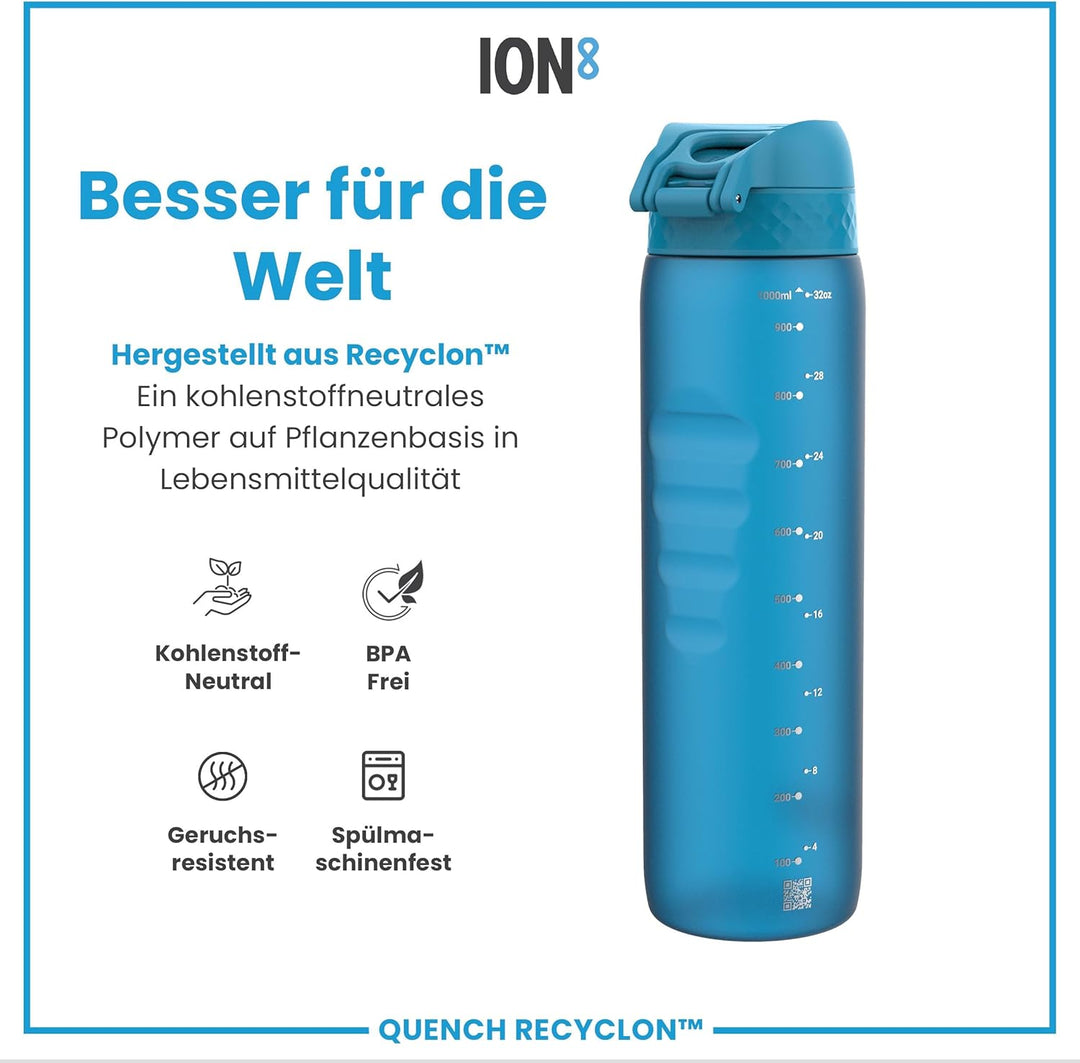 Ion8 1 Liter Trinkflasche, 1000ml, Auslaufsicher, Einhandöffnung, Sichere Verriegelung, Spülmaschine