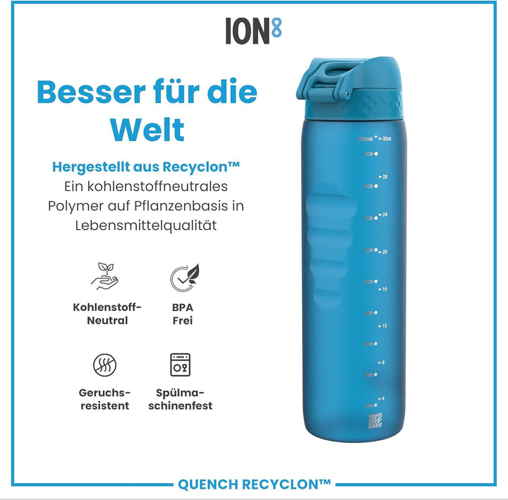 Ion8 1 Liter Trinkflasche, 1000ml, Auslaufsicher, Einhandöffnung, Sichere Verriegelung, Spülmaschine
