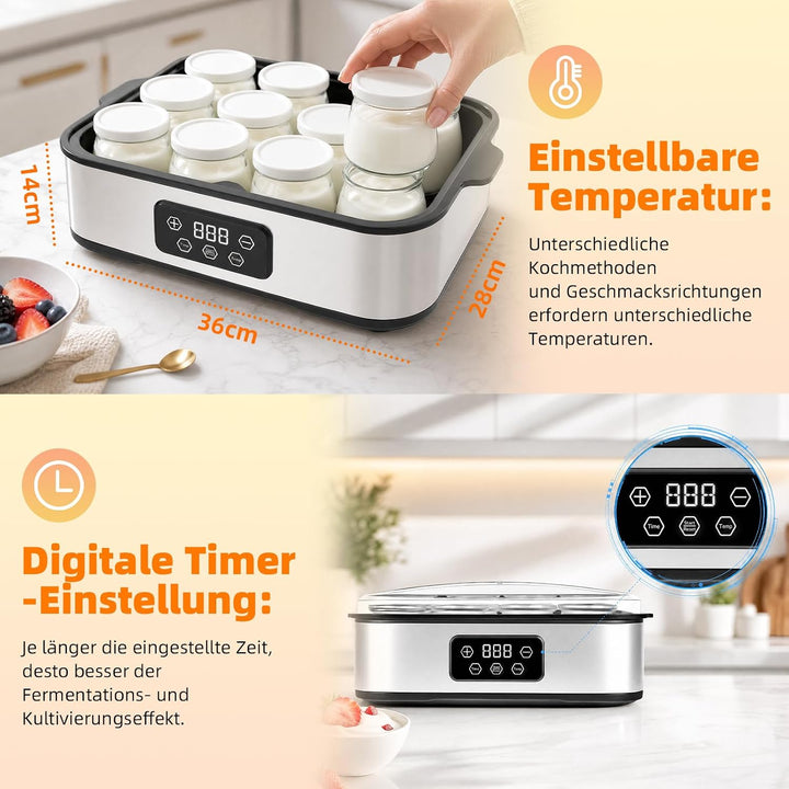 Joghurtbereiter 25W inkl. 12 Gläsern à 180 ml, Joghurtmaschine mit Temperatur und LCD Display Timer,