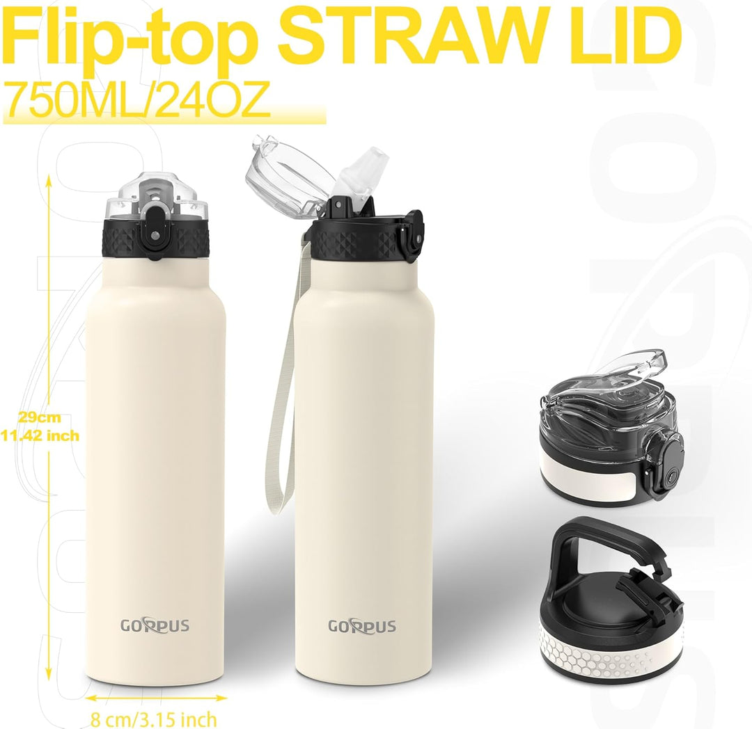 GOPPUS 750ml/24oz Edelstahl-Wasserflasche mit Strohhalm 0,75 Liter Heisswasserflasche Doppelwandige