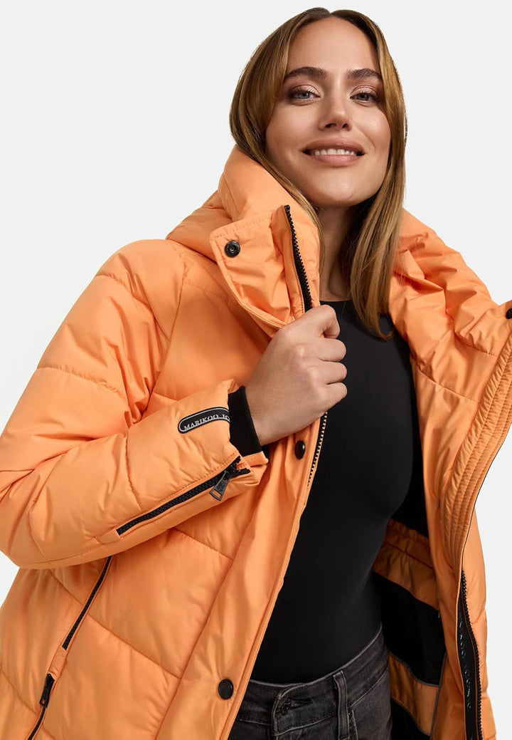 MARIKOO Damen Wintermantel Warmer Steppmantel lang mit Kapuze und hohem Kragen Karumikoo XVI XS-3XL