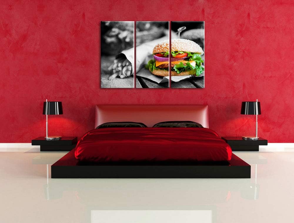 perfekter Burger mit Pommes schwarz/weiss 3-Teiler Leinwandbild 120x80 Bild auf Leinwand, XXL riesig