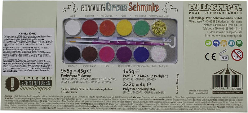 Eulenspiegel 212288 - Metall-Palette Circus Roncalli, 10 x 5 g Farben, 1 Glitter Classic Gold, 1 Gli