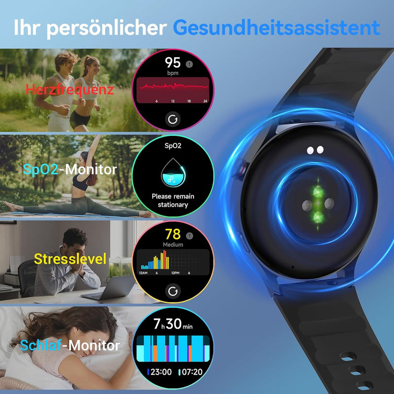 Smartwatch Herren Rund mit Telefonfunktion- 1.32" AMOLED Display, Fitnessuhr mit 110+ Sportmodi &3AT