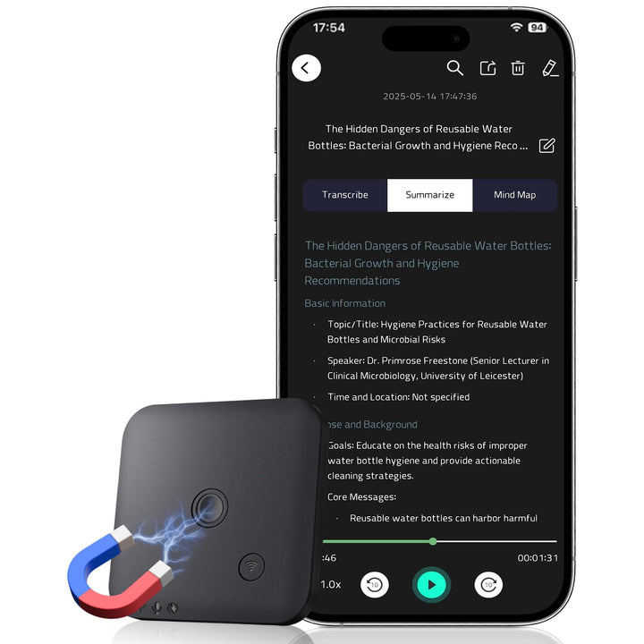 KI Digitales Diktiergerät 64GB – Aufnahmegerät mit Automatischer Transkription und Zusammenfassung,