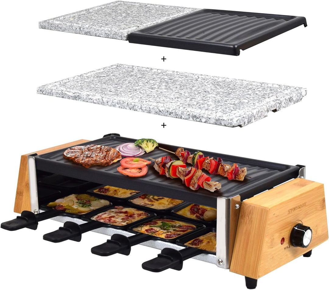 Syntrox Germany RAC-1200W-Murten Raclette im Holz Design mit geteilten Platten Heisser Stein & Grill